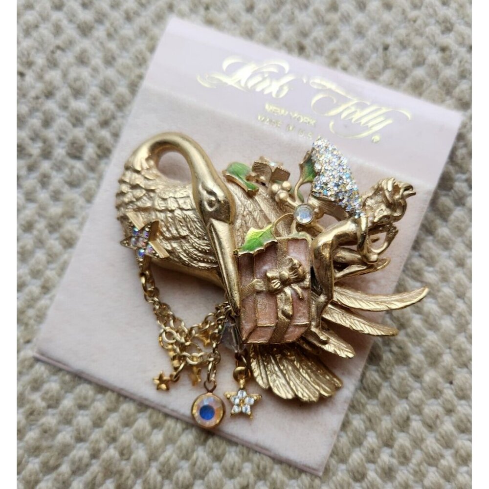 Kirks Folly Gold Tone Stork Gift Fairy AB Rhinestone Wings Star Brooch Pin USA